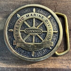 Vintage 1981 CONOCO Domestic Marine Division Brass Belt Buckle Made In USA Used